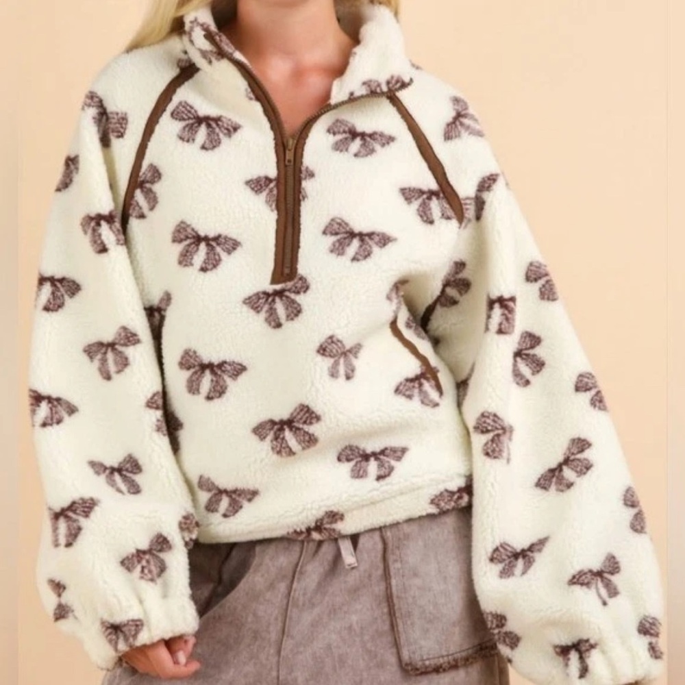 Cream and Brown Teddy Jacket with Bow Pattern